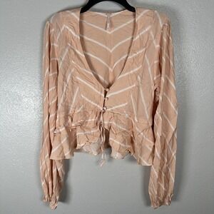 Free People Samifran Ruffle Button Blouse Top Sz Medium Peach Pink Cropped Boho